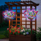 Solar Hanging Basket with Artificial Flowers: Outdoor Fake Flower Baskets with Solar String Lights for Fall Decor - 10 inch Plant Basket with Silk Faux Petunias for Porch Railing Fence Wall Door