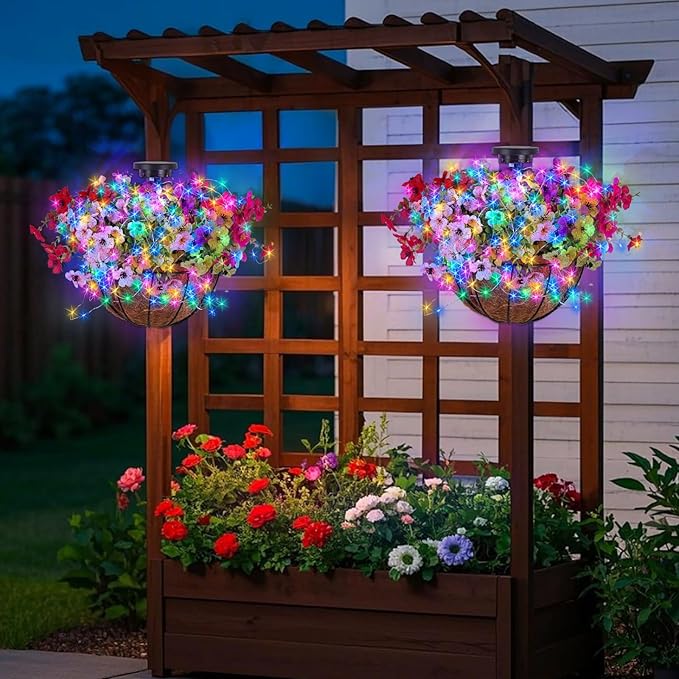 Solar Hanging Basket with Artificial Flowers: Outdoor Fake Flower Baskets with Solar String Lights for Fall Decor - 10 inch Plant Basket with Silk Faux Petunias for Porch Railing Fence Wall Door