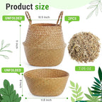 Large Wicker Plant Basket with Handle 10 Inch Woven Seagrass Belly Basket and Artificial Moss for House Plants Picnic Grocery Laundry Storage Home Decor(Large,Original,2 Pack)