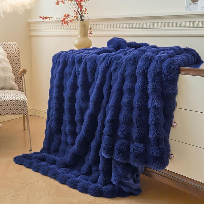 LIFEREVO Fluffy Faux Rabbit Fur Bubble Blanket, Plush Shaggy Throw for Couch Sofa, Cozy Comfy Furry Bed Blanket Adults Kids Teens Girls, Royal Blue Fuzzy Throw for Bedroom Living Room 60x90, Navy Blue