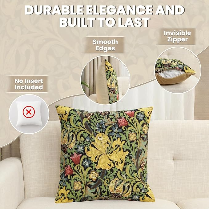 Charlotte Home Furnishings Throw Pillow Covers Decorative Boho Pillow Cover for Couch Living Room Golden Lily Black Square Cushion Cases 18x18 in European Cotton Jacquard Woven Cozy Bedroom Decor