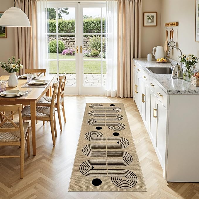 Kitchen Runner Rugs for Hallway, 2x6 Washable Farmhouse Non Slip Outdoor Runners Rug for Bedroom Porch Laundry Bathroom Geometric Brown