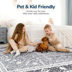 Lessymo 3 x 5 Area Rugs for Living Room- Machine Washable Area Rugs Boho Faux Wool Low Pile Area Rug for Bedroom Floral Medallion Vintage Rugs with Non-Slip Rubber, Kid & Pet Friendly,Grey White
