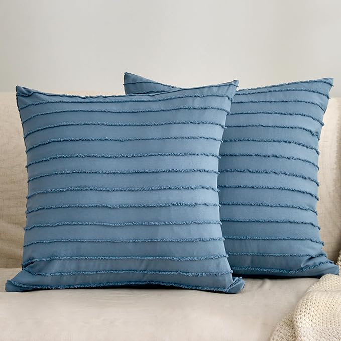 JELLYMONI 2 Pack Blue Pillowcases 18" x18", Soft Microfiber Striped Tufted Pillow Covers(Pillows are not Included)