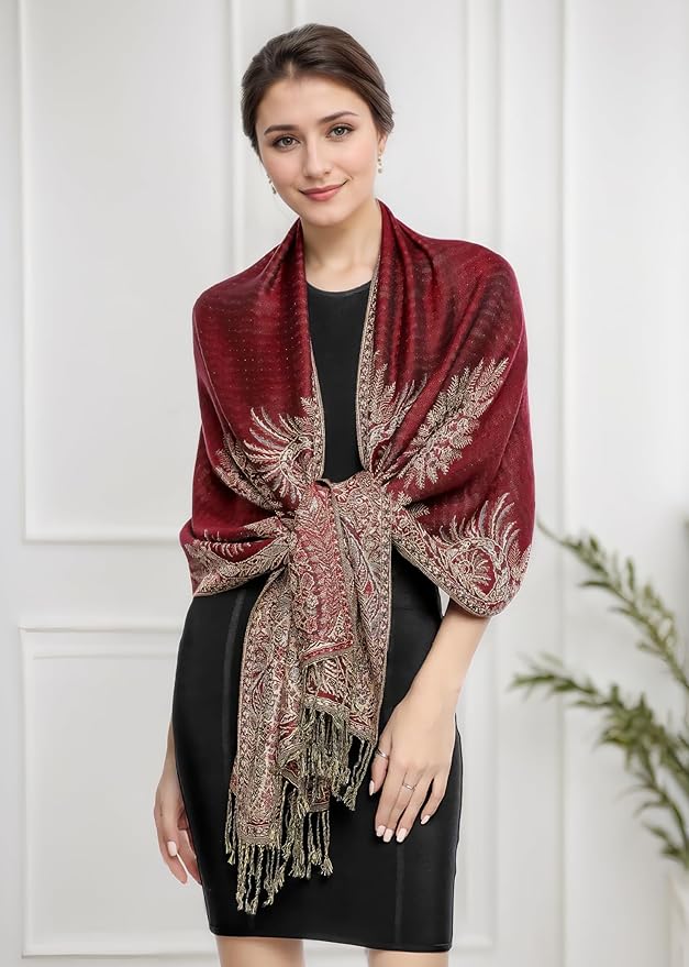 Achillea Reversible Paisley Pashmina Rave Scarf – Exotic Indian Shawls and Wraps for Evening Dresses, Festivals, All Seasons