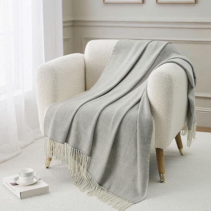 BOURINA Herringbone Throw Blanket,Soft Lightweight Cozy Throw for Bed Couch Decorative Blanket, Light Grey 50" x 60"