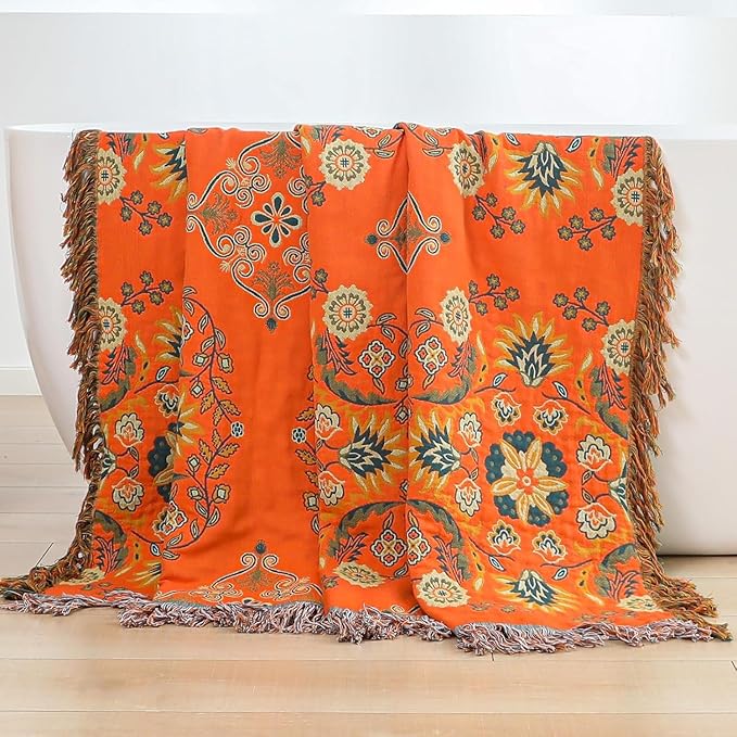 Fall Throw Blanket for Couch Bed Chair,100% Cotton Soft Lightweight Blanket Rustic Quilt -Orange Floral Printed Farmhouse Decor Bed All Season Blankets,60"×80"