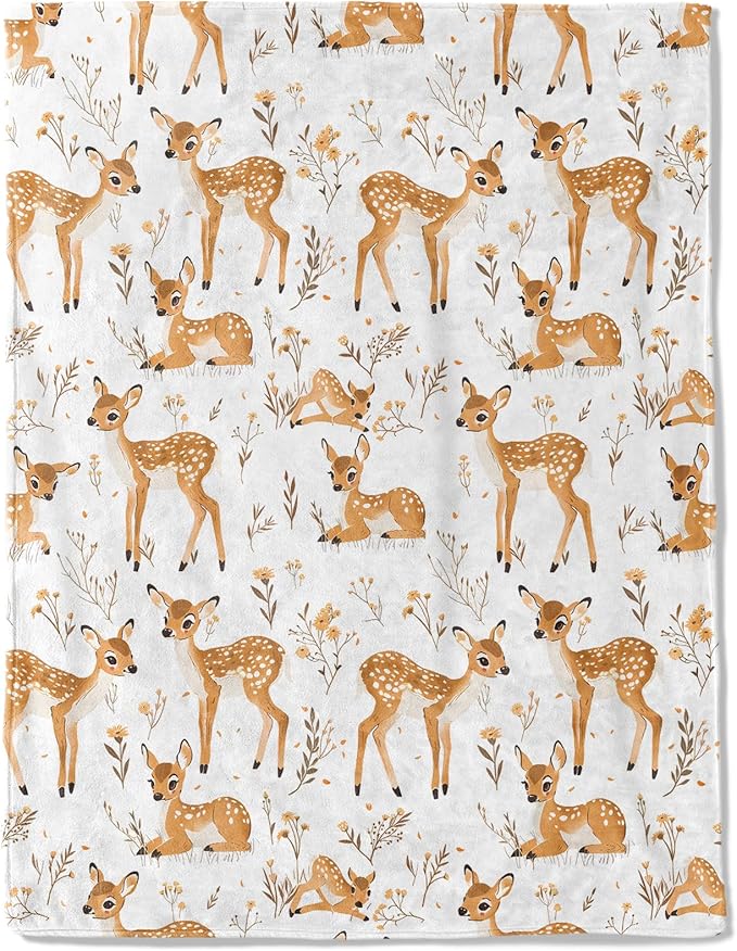 Cute Deer Fleece Blanket - Lightweight Soft Cozy Gifts Throw for Nature Lovers,Kids,Girls,Women,Sweet Animal & Floral White Blankets,Home Room Modern Art Decor 40x50in