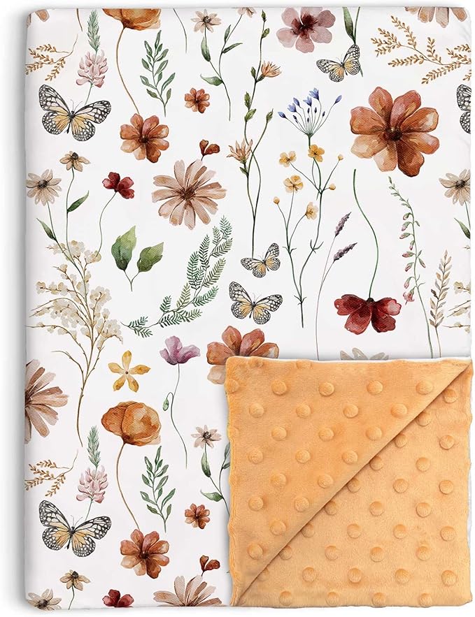Wildflower Baby Blanket for Girls, Boho Flower Toddler Soft Minky Blanket with Double Layer Dotted Backing, Nursery Newborn Baby Receiving Blanket Butterfly Flower Garden, 30"x40"