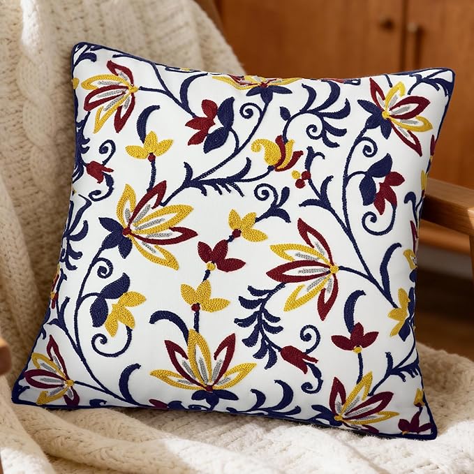Spring Floral Embroidered Pillow Covers 18x18 Inch Set of 1, Boho Decorative Throw Pillow Cover, Farmhouse Yellow Red Flower Patterned Cushion Case for Couch Sofa Bed Patio Living Room