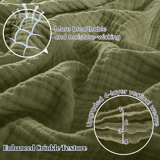 PHF 100% Cotton Muslin Throw Blanket 50" x 60", 4-Layer Lightweight Gauze Throw, Breathable Cloud-Soft Minimalist Blanket for Bed, Couch, Camping & Baby, Olive Green, Ideal Gift