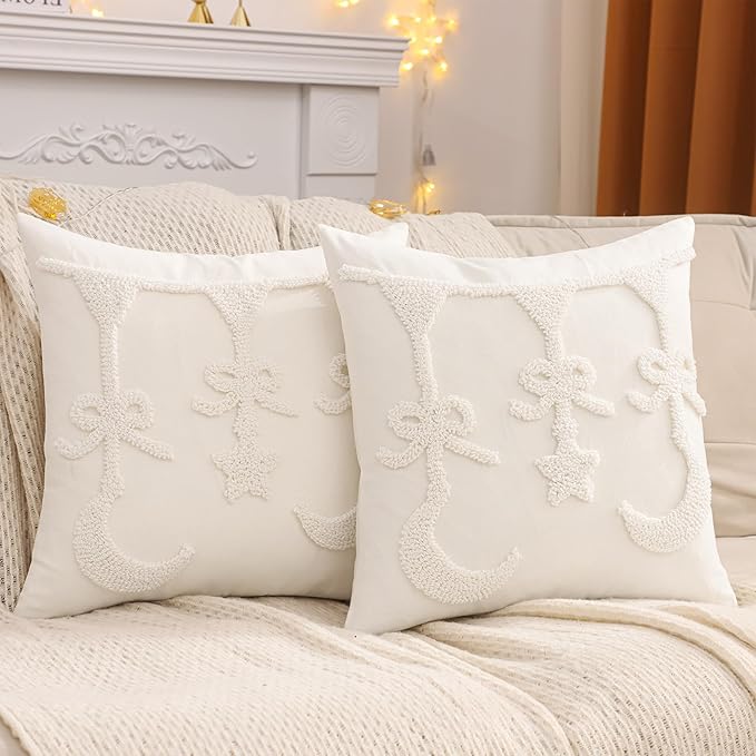 Tosleo Ramadan Pillow Covers 18x18 inch Set of 2 Beige Tufted Bow Embroidery Throw Pillow Covers Ramadan Eid Mubarak Cushion Covers Moon and Star Decorations for Home Couch Sofa Outdoor
