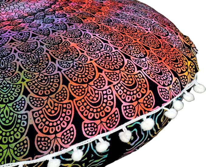 CRAFT KALA 22" Mandala Meditation Floor Pillows Cover Pouf Cover Round Seating Bohemian Mandala Cotton Floor Cushion Cover Outdoor Fireplace Seating Living Room Yoga Room Home Décor (Multi Peacock)