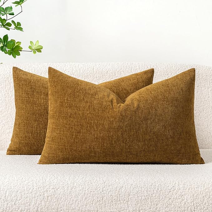 MIULEE Pack of 2 Couch Throw Pillow Covers 12x20 Inch Soft Mustard Chenille Lumbar Pillow Covers for Sofa Living Room Solid Dyed Cases