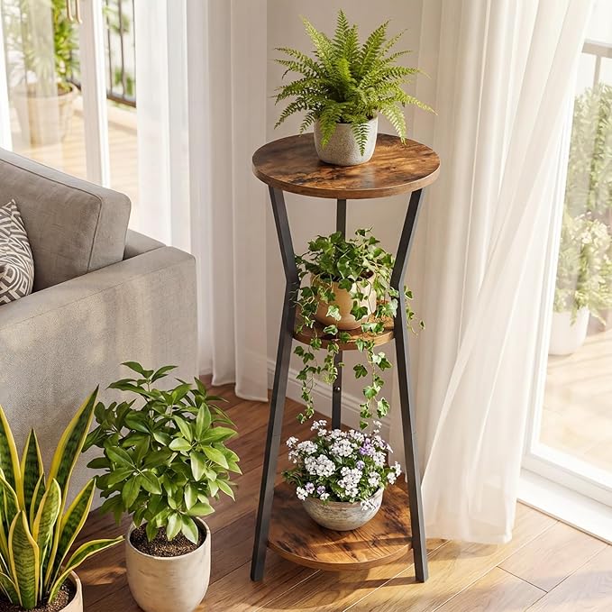 Plant Stand Indoor, 3 Tier Round Corner Plant Stand Indoor, Round Plant Holder Rack, 35" Tall Plant Shelf for Living Room, Balcony, Patio, Rustic Brown and Black PSHR0401