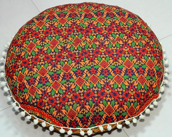 CRAFT KALA 22" Floor Pillows Cover for Sitting, Large Meditation Cushions Cover for Adults, Bohemian Mandala Round Pouf Seating Ottoman Cover for Outdoor Yoga and Living Room New Blue Ombre