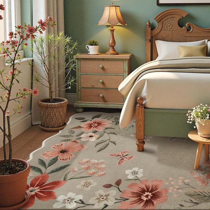 Lahome Floral Washable 6x9 Area Rugs, Soft Bedroom Rug for Living Room Ultra-Thin Non Slip Dining Room Rug, Stain Resistant Boho Rugs Easy Clean Throw Carpet for Office Flore (6'x9',Brown)