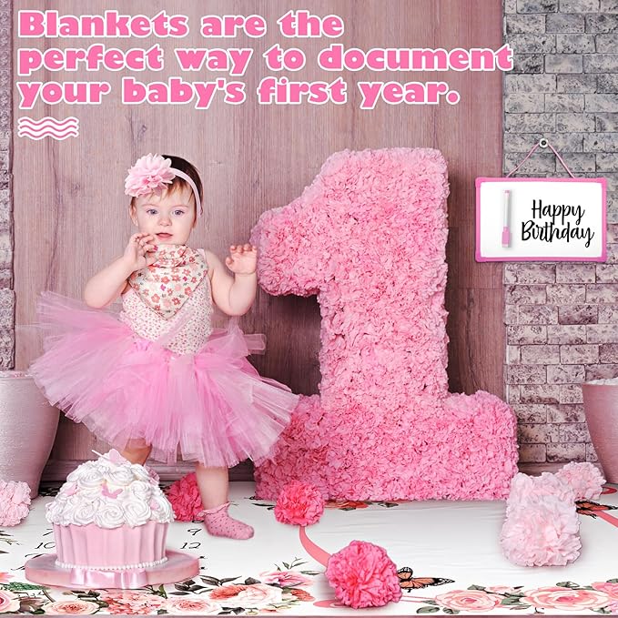 Chumia 6 Pcs Baby Monthly Milestone Blanket for Girl 60" x 40" Butterfly Milestone Blanket Age Photo Photography Backdrop with Newborn Calendar Growth Chart Bib Headband(Pink,Cute Pattern)