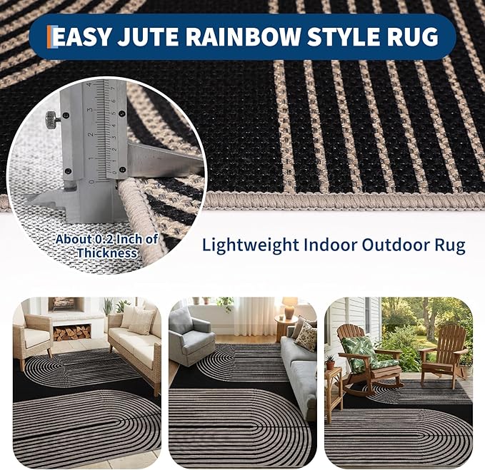 GarveeHome Modern Rainbow 8x10 Easy Jute Area Rug for Living Room -Farmhouse Indoor/Outdoor Carpet, Non-Slip & Non Shedding for Bedroom, Dining Room, Office, Backyard Patio