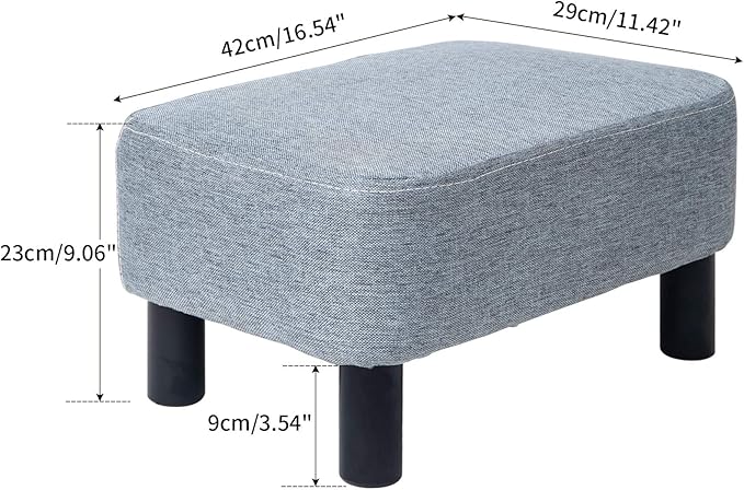 IBUYKE 16.54" Small Footstool Linen Fabric Pouf Ottoman Footrest Modern Home Bedroom Rectangular Stool, with Padded Seat Pine Wood Legs, Gray Blue RF-BD214-D