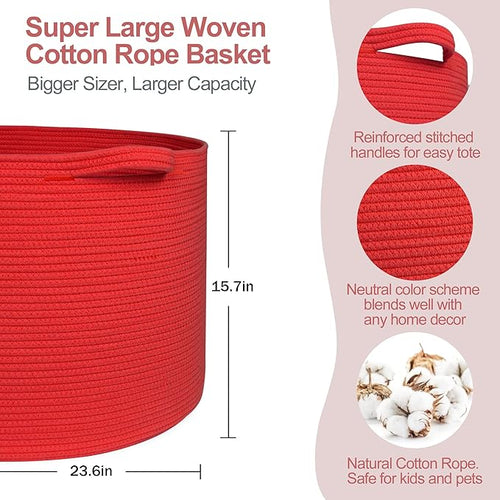 115L Extra Large Red Basket for Organizing, 23.6"x15.7" Jumbo Woven Cotton Rope Bins for Blankets, Baby Nursery Laundry Basket, Kids Dog Toy Storage Box, Huge Red Living Room Decor Organizer