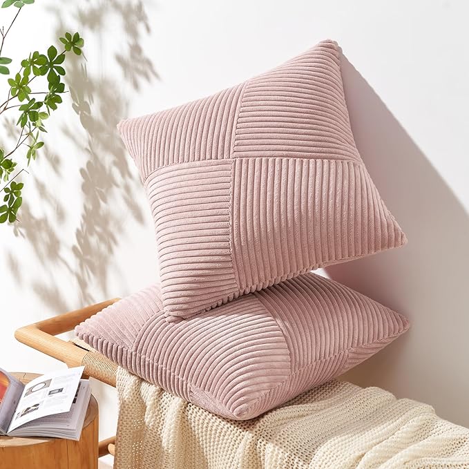 Topfinel Pack of 2 Decorative Pink Throw Pillow Covers 16x16 Inch Modern Farmhouse Spring Home Decor Soft Corduroy Textured Boho Striped for Sofa Living Room Couch Bed