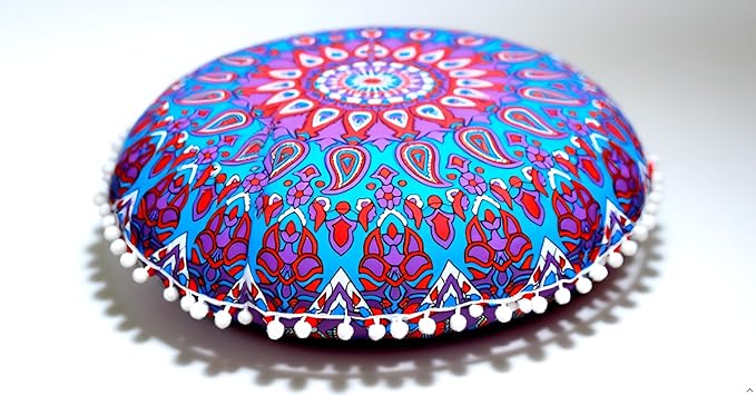 Round Mandala Floor Pillow Cover Seating Cushion Throw Cover Ottoman Pouf Cover Pom Pom Pillow Cases Hippie Decorative Bohemian Boho Indian 22 Inches (Purple Blue)