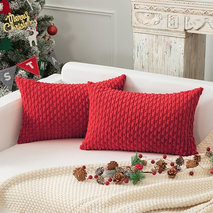 Kevin Textile Valentines 12x20 Inch Pillow Cover 1 Pack Boho Decorative Soft Striped Corduroy Lumbar Farmhouse Color Accent Rectangle Cushion Case for Living Room Couch Sofa Bed, Red