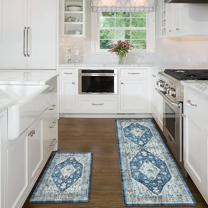 Collive Boho Kitchen Rugs Set of 2 Non Skid Kitchen Mats for Floor Cushioned Anti Fatigue Kitchen Floor Mats Waterproof Comfort Heavy Duty Foam Mats for Standing Desk Sink Laundry, 17.3"x29"+17.3"x59"