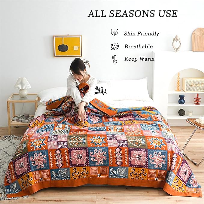 MSGKV Spring Cotton Throw Boho Blanket for Couch Bed, 80''x90'' Muslin Brathable Lightweight Travel Decor Blanket for Bedroom