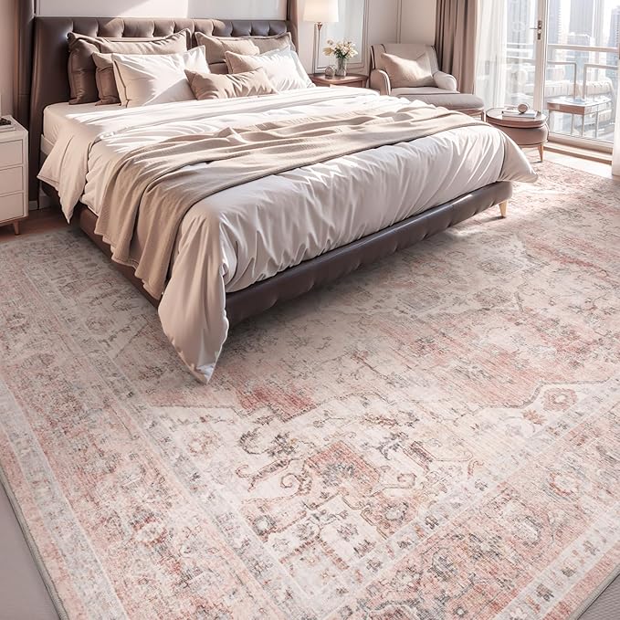 AMOAMI-3X5 Area Rug-Soft Washable Vintage Throw Accent Rugs for Living Room, Entryway, Bedroom, Kitchen, Bathroom, Laundry Room, Kitchen, Bathroom, Bedside, No Slip Pink