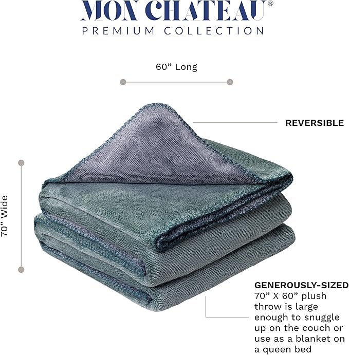 Mon Chateau 60" x 70" Fireside Mélange Throw Blanket, Contrast Stitching Soft Blanket for Queen-Size Bed, Couch, or Sofa, Cozy Home Decor and Stylish Living Room Comfort, Sagewood