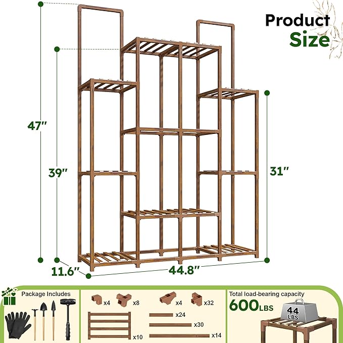 EnHomee 10 Tiers Plant Stand, Indoor Plant Stand with 14-18 Pots, Wood Plants Shelves for Living Room, Patio, Balcony, Yard, Garden, 44.8''W×11.6''D×47''H