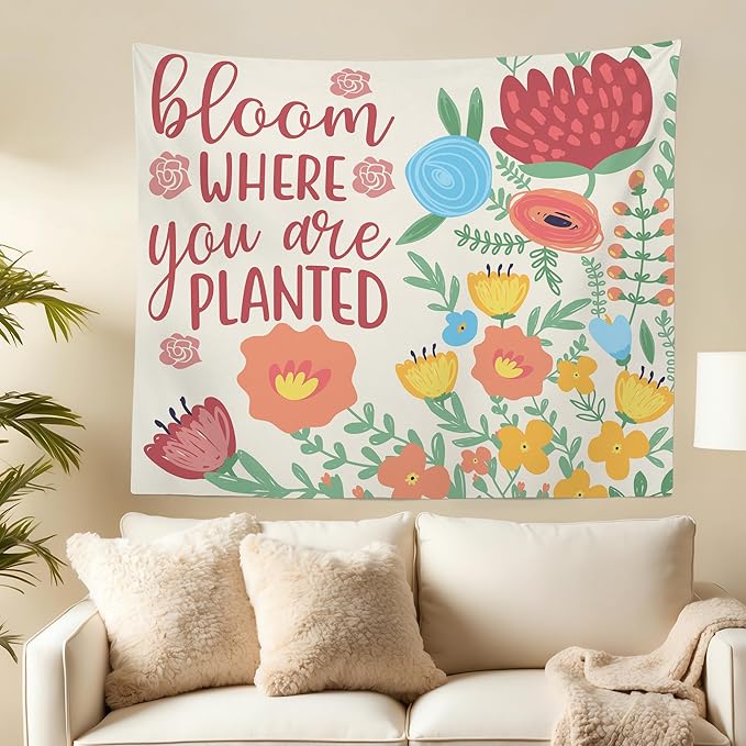 MNOSAIOO Inspirational Floral Spring Wall Tapestry Hanging for Classroom, Bloom Where You Are Planted Tapestry, Cute Nursery Colorful Tapestries Wall Decor for Bedroom Therapy Girly Room 60x50 inch