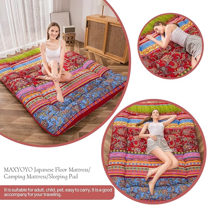 MAXYOYO Bohemian Retro Floor Mattress Vintage Floral Japanese Futon Mattress Roll Up Thicken Sleeping Bed Portable Camping Mattress Floor Lounger Couch Bed Mattress Pad, Full Size
