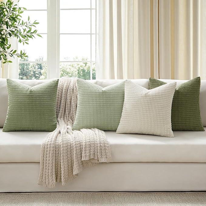 MIULEE Modern Farmhouse Decorative Spring Pillow Covers 18x18 Inch Set of 4 Natural Rustic Throw Pillows Neutral Warm Soft Corduroy Couch Pillowcases Home Decor for Sofa Living Room Bed Light Green