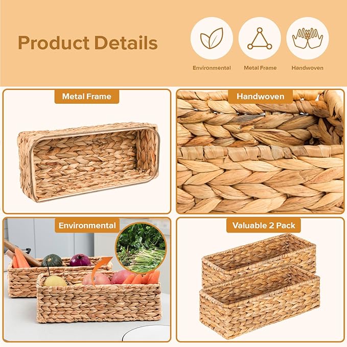 Small Wicker Baskets 2 Pack, Hand Woven Toilet Basket Tank Topper, Toilet Tank Basket for Bathroom Organizing, Water Hyacinth Storage Baskets for Toilet Paper (14.4"Lx6.1"Wx4.4"H)