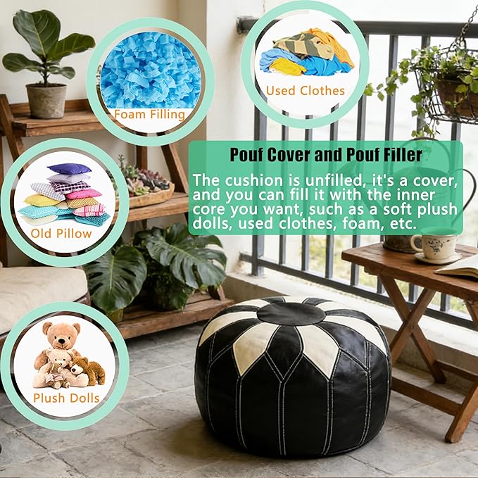 Thgonwid Unstuffed Moroccan Faux Leather Pouf Ottoman with Storage - Handmade Boho Chic Multi-Use Footrest for Living Room, Bedroom, Patio - Round Ethnic Floor Cushion & Decorative Accent, Black&White
