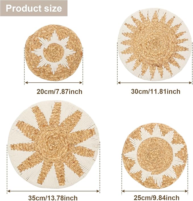 4 Pack Boho Wall Basket Decor Set, Hanging Woven Gourd Grass Rattan Wicker Boho Wall Decor, Round Farmhouse Wall Hanging Baskets Rustic Flat Wall Art for Living Room Bedroom Kitchen (Style 11)