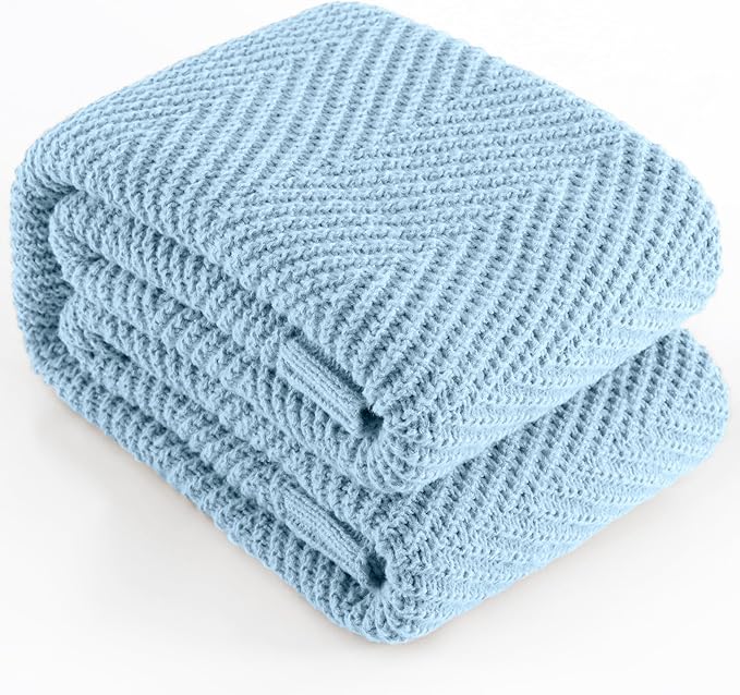 Knitted Throw Blanket 60"X80", Light Blue Knit Throws for Bed, Super Soft Boho Chevron Blankets for Couch Sofa Chair Room Decor, Textured Decorative Farmhouse Cozy Lightweight