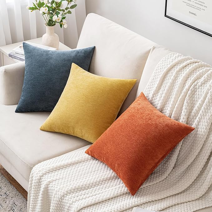 MIULEE Pack of 2 Blue Decorative Pillow Covers 24x24 Inch Soft Chenille Couch Throw Pillows Eruo Sham Farmhouse Cushion Covers for Home Decor Sofa Bedroom Living Room