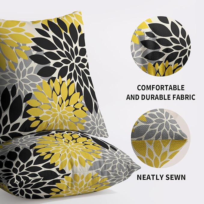Black Light Yellow Pillow Covers 24X24 Inch Set of 2, Spring Summer Floral Dahlia Flower Cream Decorative Throw Pillow Covers Outdoor Modern Farmhouse Cushion Case for Home Couch Sofa Bed Decor