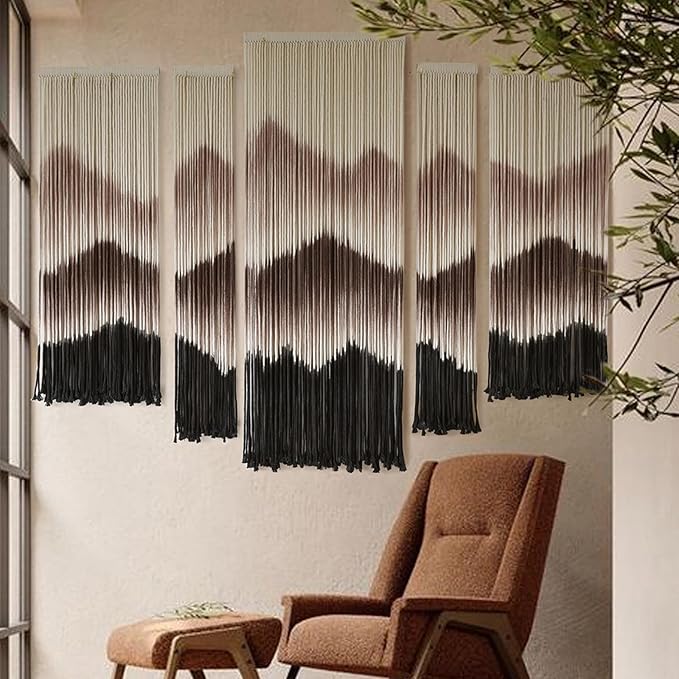 Large Macrame Wall Hanging Mountain Handmade Brown Dip-Dyed Boho Wall Decor 5Pcs Art Wall Decor for Bedroom Living Room Fiber Art Tapestry