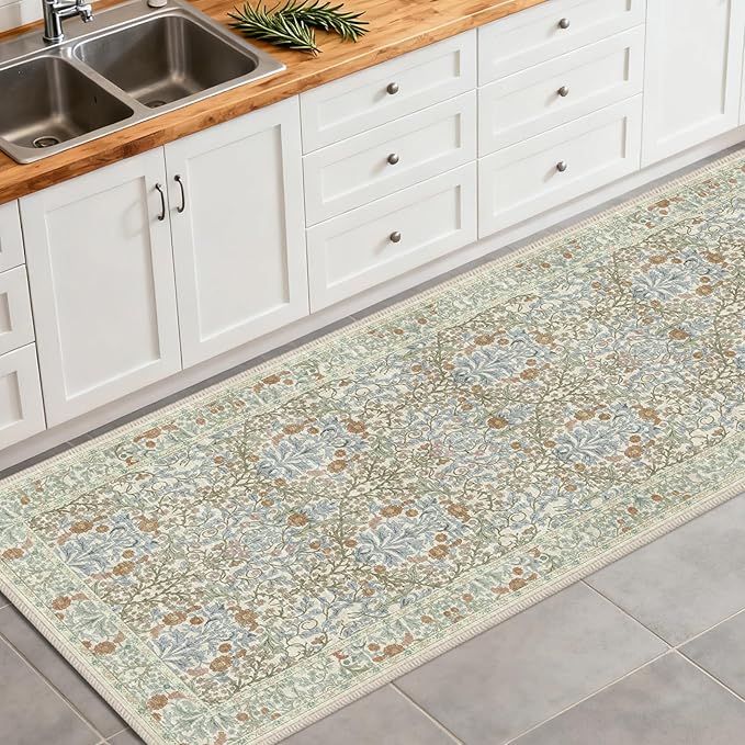 Washable 2' x 6' Runners for Hallways, Non Slip Long Floor Runner for Kitchen, Entryway Indoor, Stain Resistant Rubber Backing Floral Decor Rug (Beige Blue)