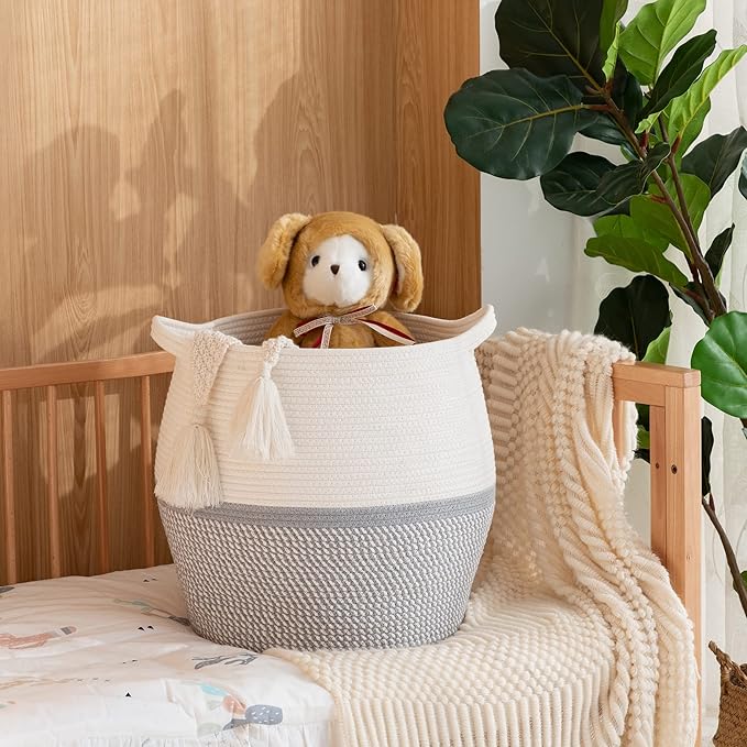 KAKAMAY Woven Baskets for Storage(17"x17"),Large Cotton Rope Woven Baby Laundry Hamper,Collapsible Laundry Basket, Blanket Basket for Organizing Living Room,Nursery,Pillows,Toy Chest(Grey)