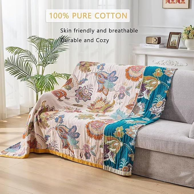 Boho Throw Blanket Farmhouse Decor Throw Blanket Bohemian Blanket for Bed 100% Cotton Muslin Woven Couch Blanket All Seasons Quilt Bedroom (Beige, 80"x90")