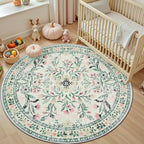 Round Area Rug for Living Room: 6 ft Floral Washable Circle Rug Soft Non-Slip Carpet Indoor Stain Resistant Low Pile Small Circular Rug for Bedroom Entryway Kitchen Nursery Home Office Green Beige