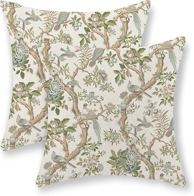Green Floral Bird Pillow Covers 18x18 Set of 2 Chinoiserie Throw Pillows Green Vintage Flowers Bird Decorative Pillow Cases Outdoor Chinoiserie Decor Farmhouse Cushion Case for Couch Sofa