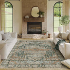 6x9 Area Rugs for Living Room Bedroom, Large Washable Rug, Green Vintage Floral Boho Style, Non Slip & Low Pile Carpet for Indoor Dining Room, Dorm and Kids Room(Green 6x9ft)