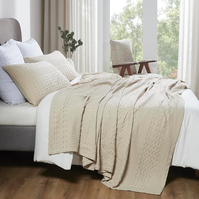 VHC Brands 100% Cotton Waffle Weave Twin Blanket 66"x90", Decorative Lightweight Spring and Summer Throw Blanket, Bedroom Decor for Bed, Couch, or Sofa, Natural